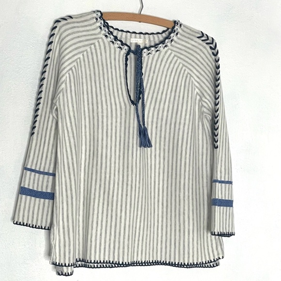 Lisa Todd Grey Striped 3/4 Sleeve Cotton Sweater. Blue Embroidery. Size Small - Picture 2 of 6